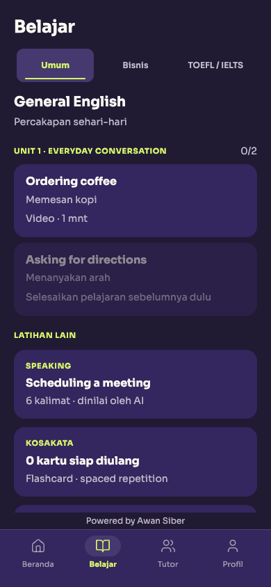 Tampilan tab Belajar di aplikasi wish.ai dengan daftar unit dan pelajaran